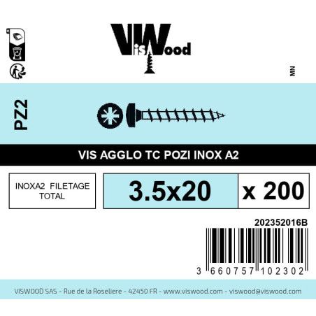 Boite 200 vis agglo 3.5 x 20mm tête Cylindrique Pozidriv Inox A2 - Viswood