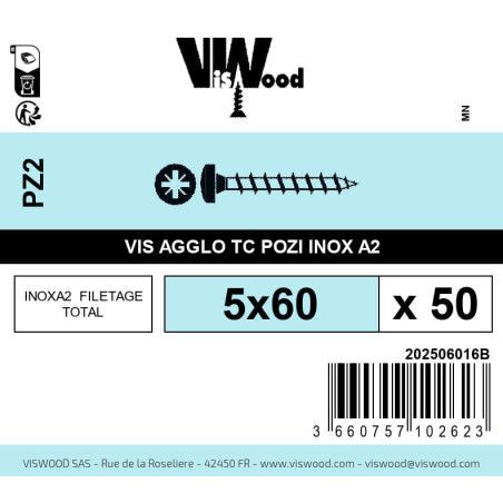 Boite 50 vis agglo 5 x 60mm tête Cylindrique Pozidriv Inox A2 - Viswood