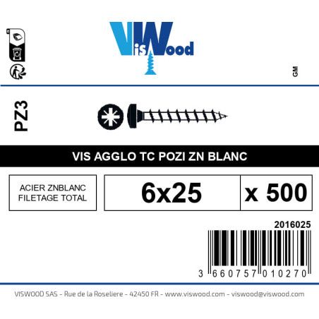 Boite 500 vis agglo 6 x 25mm tête Cylindrique Pozidriv Acier zingué blanc - Viswood