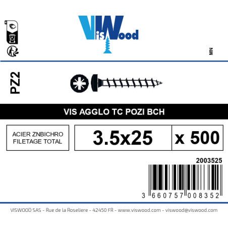 Boite 500 vis agglo 3.5 x 25mm tête Cylindrique Pozidriv Acier zingué bichromaté - Viswood