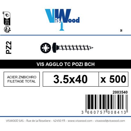 Boite 500 vis agglo 3.5 x 40mm tête Cylindrique Pozidriv Acier zingué bichromaté - Viswood