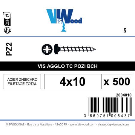 Boite 500 vis agglo 4 x 10mm tête Cylindrique Pozidriv Acier zingué bichromaté - Viswood