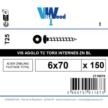 Boite 150 vis agglo 6 x 70mm tête Cylindrique Torx Acier zingué blanc - Viswood