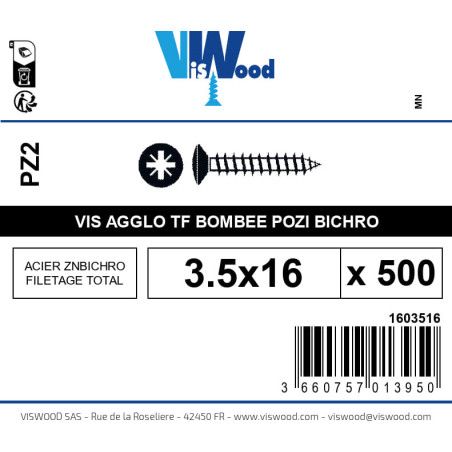 Boite 500 vis agglo 3.5 x 16mm tête Fraisée bombée Pozidriv Acier zingué bichromaté - Viswood