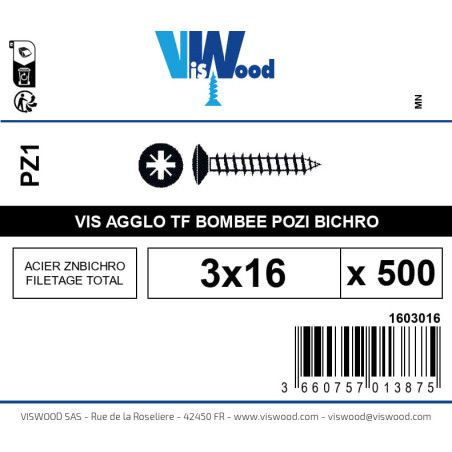 Boite 500 vis agglo 3 x 16mm tête Fraisée bombée Pozidriv Acier zingué bichromaté - Viswood