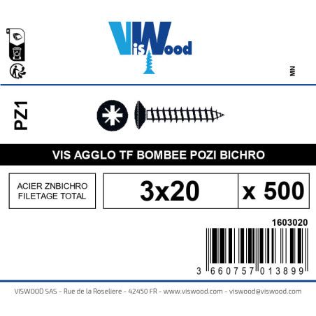 Boite 500 vis agglo 3 x 20mm tête Fraisée bombée Pozidriv Acier zingué bichromaté - Viswood