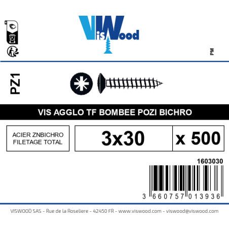 Boite 500 vis agglo 3 x 30mm tête Fraisée bombée Pozidriv Acier zingué bichromaté - Viswood