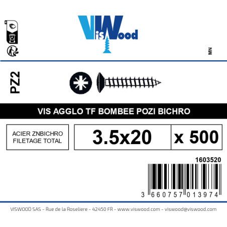 Boite 500 vis agglo 3.5 x 20mm tête Fraisée bombée Pozidriv Acier zingué bichromaté - Viswood