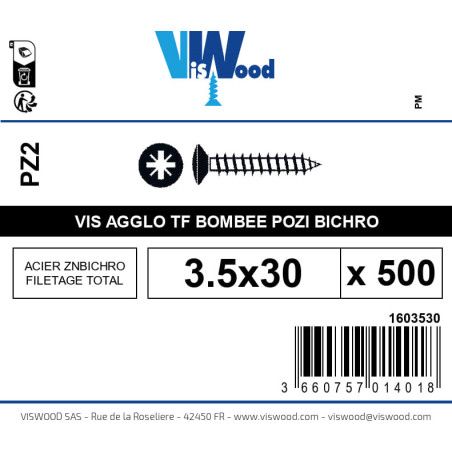 Boite 500 vis agglo 3.5 x 30mm tête Fraisée bombée Pozidriv Acier zingué bichromaté - Viswood