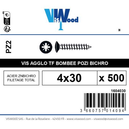 Boite 500 vis agglo 4 x 30mm tête Fraisée bombée Pozidriv Acier zingué bichromaté - Viswood