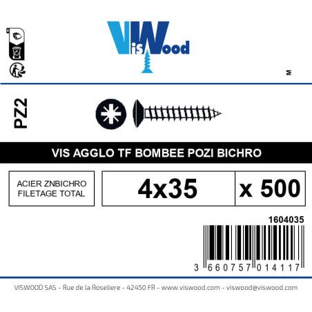Boite 500 vis agglo 4 x 35mm tête Fraisée bombée Pozidriv Acier zingué bichromaté - Viswood