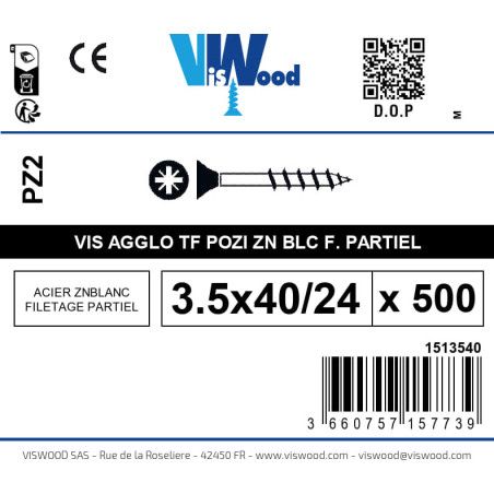 Boite 500 vis agglo 3.5 x 40/24mm tête Fraisée Pozidriv Acier zingué blanc - Viswood