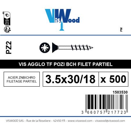Boite 500 vis agglo 3.5 x 30/18mm tête Fraisée Pozidriv Acier zingué bichromaté - Viswood