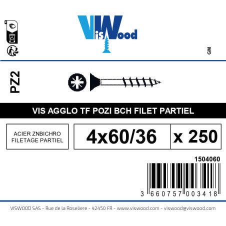 Boite 250 vis agglo 4 x 60/36mm tête Fraisée Pozidriv Acier zingué bichromaté - Viswood