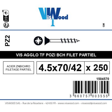 Boite 250 vis agglo 4.5 x 70/42mm tête Fraisée Pozidriv Acier zingué bichromaté - Viswood