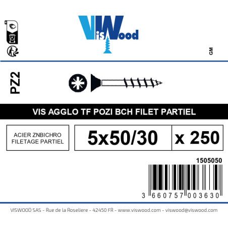 Boite 250 vis agglo 5 x 50/30mm tête Fraisée Pozidriv Acier zingué bichromaté - Viswood