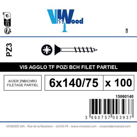 Boite 100 vis agglo 6 x 140/75mm tête Fraisée Pozidriv Acier zingué bichromaté - Viswood