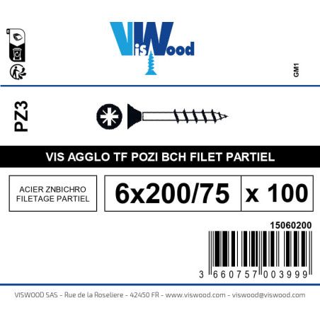 Boite 100 vis agglo 6 x 200/75mm tête Fraisée Pozidriv Acier zingué bichromaté - Viswood