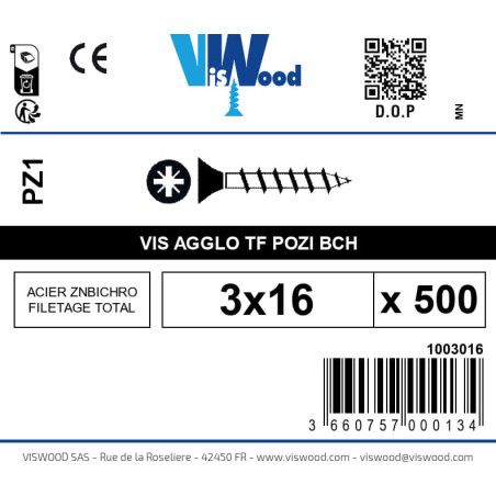 Boite 500 vis agglo 3 x 16mm tête Fraisée Pozidriv Acier zingué bichromaté - Viswood