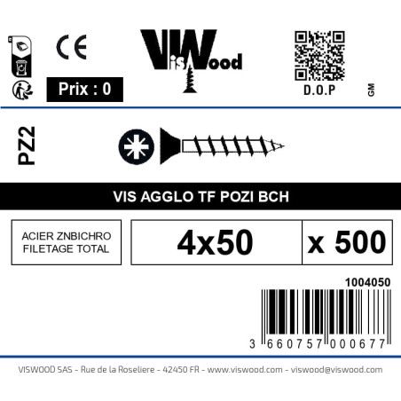 Boite 500 vis agglo 4 x 50mm tête Fraisée Pozidriv Acier zingué bichromaté - Viswood