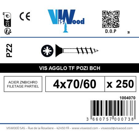 Boite 250 vis agglo 4 x 70/60mm tête Fraisée Pozidriv Acier zingué bichromaté - Viswood