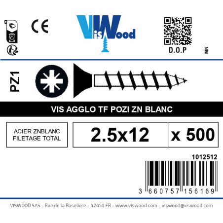 Boite 500 vis agglo 2.5 x 12mm tête Fraisée Pozidriv Acier zingué blanc - Viswood