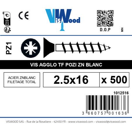 Boite 500 vis agglo 2.5 x 16mm tête Fraisée Pozidriv Acier zingué blanc - Viswood