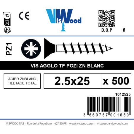 Boite 500 vis agglo 2.5 x 25mm tête Fraisée Pozidriv Acier zingué blanc - Viswood