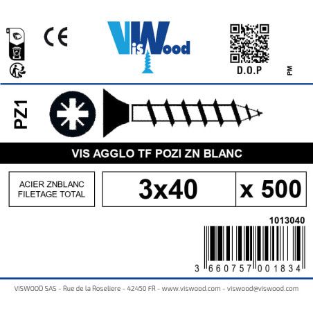 Boite 500 vis agglo 3 x 40mm tête Fraisée Pozidriv Acier zingué blanc - Viswood