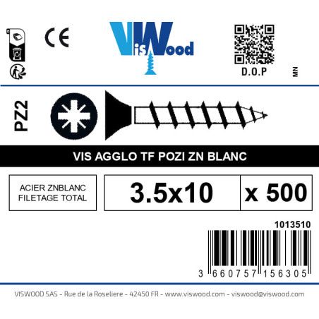 Boite 500 vis agglo 3.5 x 10mm tête Fraisée Pozidriv Acier zingué blanc - Viswood