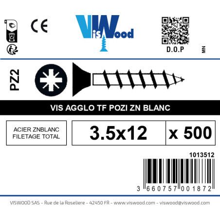 Boite 500 vis agglo 3.5 x 12mm tête Fraisée Pozidriv Acier zingué blanc - Viswood
