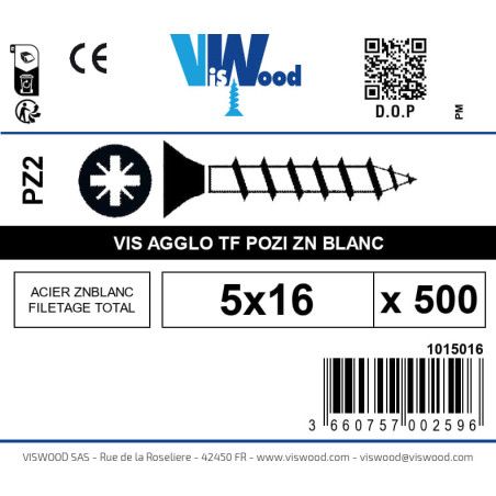 Boite 500 vis agglo 5 x 16mm tête Fraisée Pozidriv Acier zingué blanc - Viswood