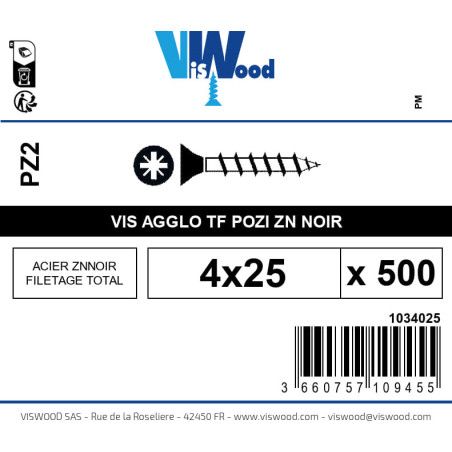 Boite 500 vis agglo 4 x 25mm tête Fraisée Pozidriv acier zingué noir - Viswood