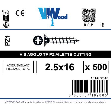 Boite 500 vis agglo 2.5 x 16mm tête Fraisée Pozidriv Acier zingué blanc - Viswood