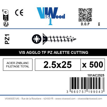 Boite 500 vis agglo 2.5 x 25mm tête Fraisée Pozidriv Acier zingué blanc - Viswood