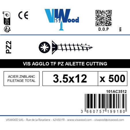 Boite 500 vis agglo 3.5 x 12mm tête Fraisée Pozidriv Acier zingué blanc - Viswood
