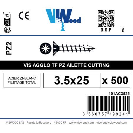 Boite 500 vis agglo 3.5 x 25mm tête Fraisée Pozidriv Acier zingué blanc - Viswood