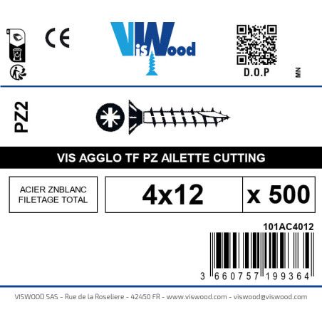 Boite 500 vis agglo 4 x 12mm tête Fraisée Pozidriv Acier zingué blanc - Viswood