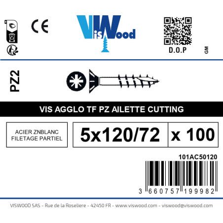 Boite 100 vis agglo 5 x 120/72mm tête Fraisée Pozidriv Acier zingué blanc - Viswood