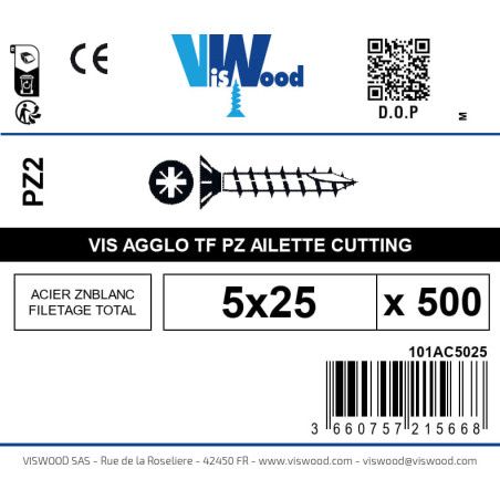 Boite 500 vis agglo 5 x 25mm tête Fraisée Pozidriv Acier zingué blanc - Viswood