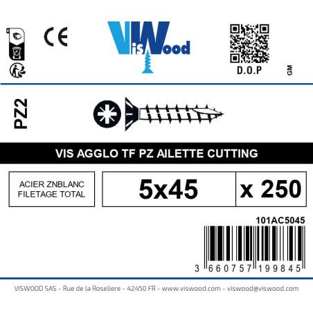 Boite 250 vis agglo 5 x 45mm tête Fraisée Pozidriv Acier zingué blanc - Viswood