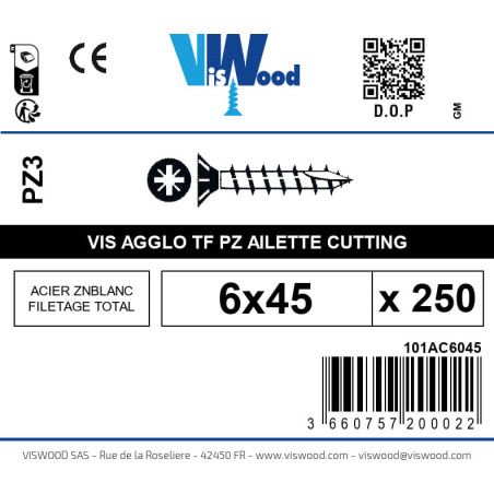 Boite 250 vis agglo 6 x 45mm tête Fraisée Pozidriv Acier zingué blanc - Viswood