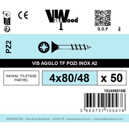 Boite 50 vis agglo 4 x 80/48mm tête Fraisée Pozidriv Inox A2 - Viswood