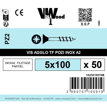 Boite 50 vis agglo 5 x 100mm tête Fraisée Pozidriv Inox A2 - Viswood