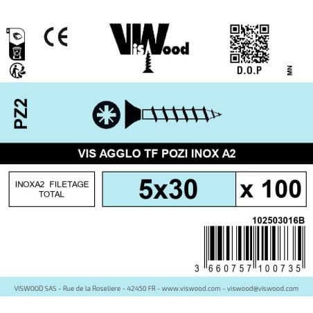 Boite 100 vis agglo 5 x 30mm tête Fraisée Pozidriv Inox A2 - Viswood