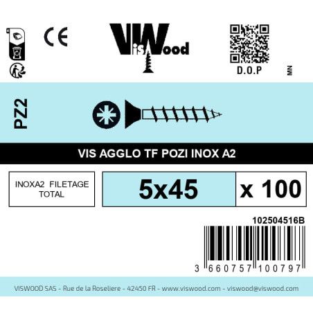 Boite 100 vis agglo 5 x 45mm tête Fraisée Pozidriv Inox A2 - Viswood