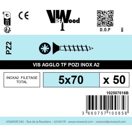 Boite 50 vis agglo 5 x 70mm tête Fraisée Pozidriv Inox A2 - Viswood