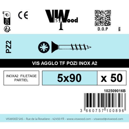 Boite 50 vis agglo 5 x 90mm tête Fraisée Pozidriv Inox A2 - Viswood