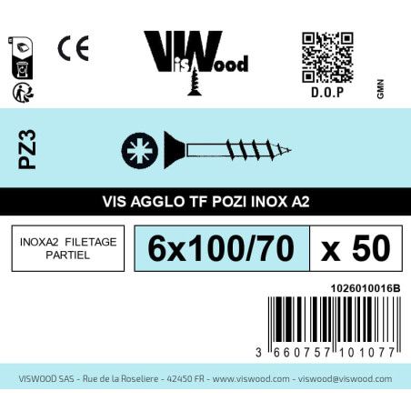 Boite 50 vis agglo 6 x 100/70mm tête Fraisée Pozidriv Inox A2 - Viswood