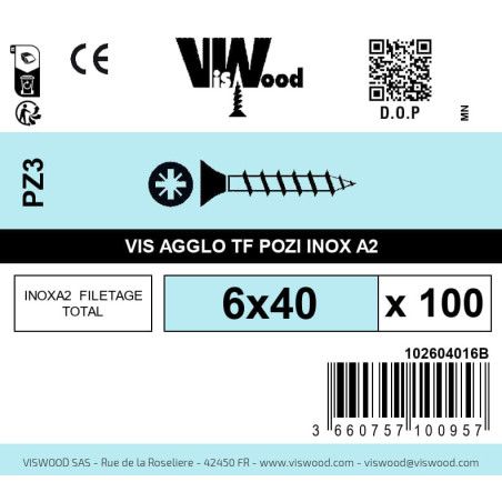 Boite 100 vis agglo 6 x 40mm tête Fraisée Pozidriv Inox A2 - Viswood